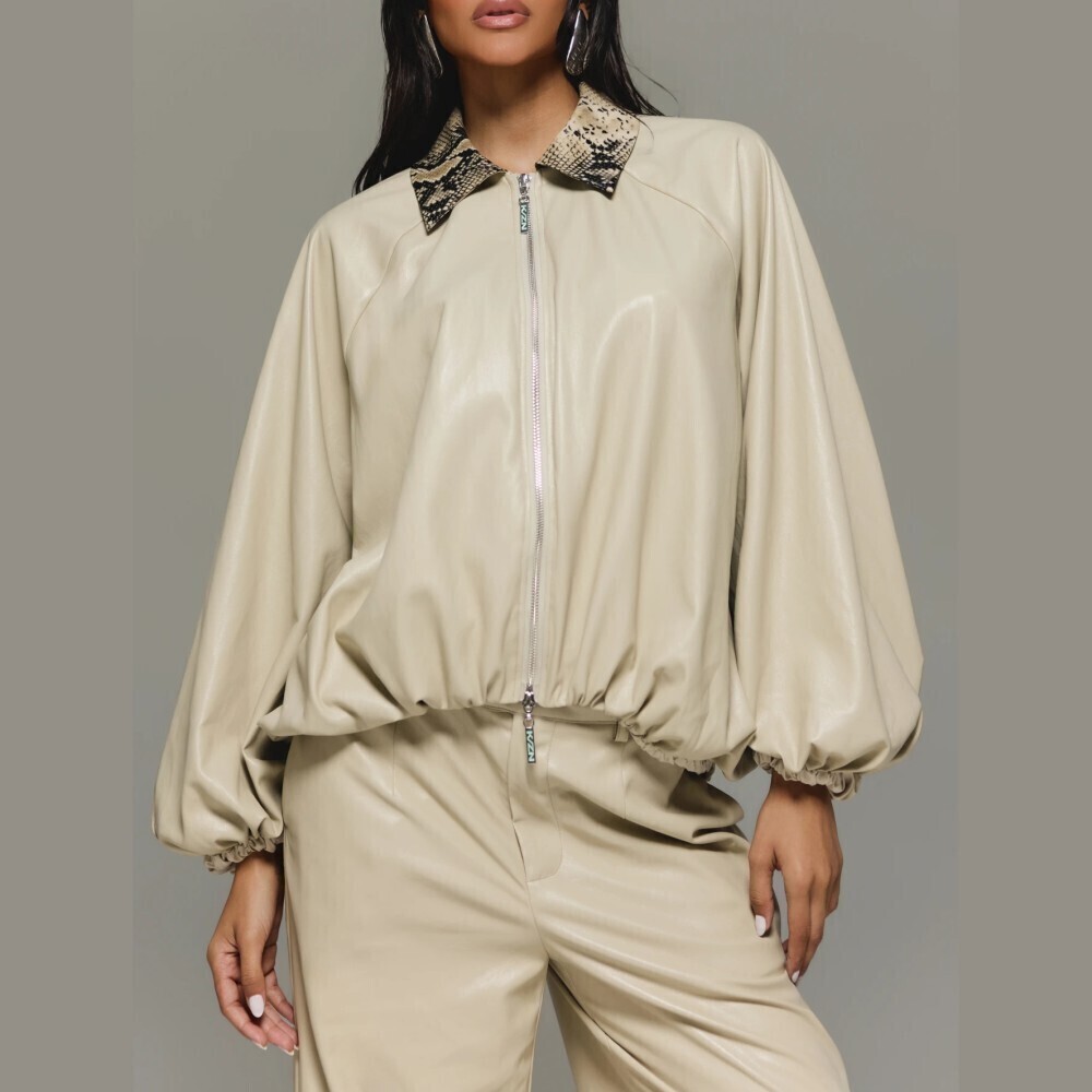 Tan Satin Faux Leather Snakeskin Collar Balloon Sleeve Oversized Bomber Jacket